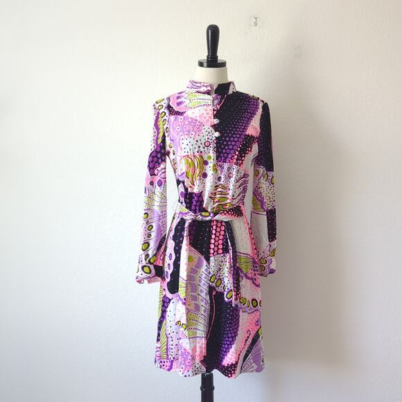 Vintage 1970s Dress Womens Purple Pink MCM Hippie Psychedelic Retro Anika XS/S - Picture 14 of 16